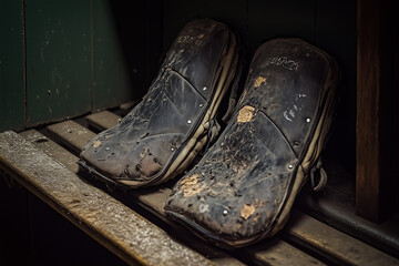 Worn cricket pads with scuffs and marks from previous games