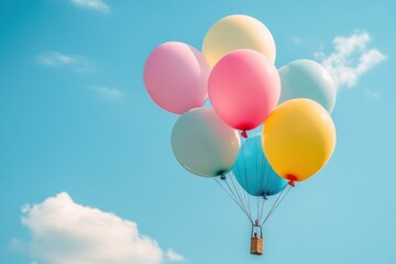 A vibrant array of balloons ascends into a brilliant blue sky, creating a joyful atmosphere filled with color and light. Generative AI