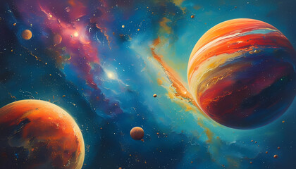 A vibrant cosmic landscape with two large planets, a nebula, and a field of stars