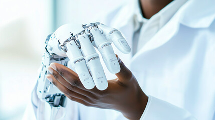Robotic hand held by a scientist, symbolizing innovation in artificial intelligence and advanced technology in a modern laboratory setting.