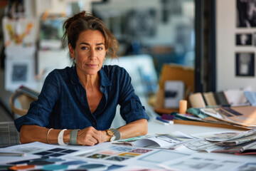 Fototapeta premium Middle-aged hispanic female creative professional pondering over design, surrounded by mood boards and color palettes
