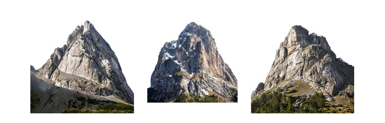 Three rocky mountain peaks rise against a white background, showing different perspectives and textures.