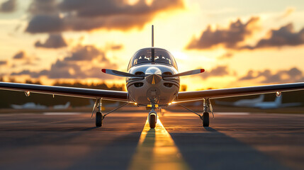 Fototapeta premium Small aircraft on a runway at sunset, with golden light highlighting the wings, set against a colorful sky. Calm and peaceful atmosphere.
