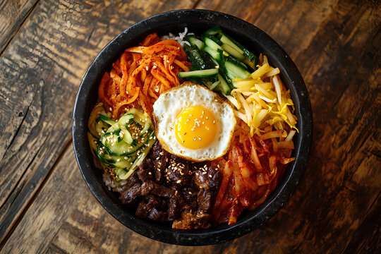 Overhead food photography of bibimbap with seasoned vegetables beef and egg in black stone bowl on wooden table
