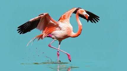 A pink flamingo with its wings spread is splashing in the water with its feet.