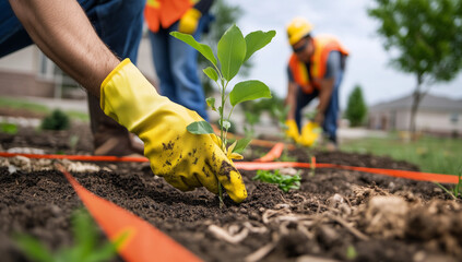 Fototapeta premium A photo of an urban forestry project in an American suburban neighborhood, showing workers planting young trees on the ground, with construction materials and tools around the site.