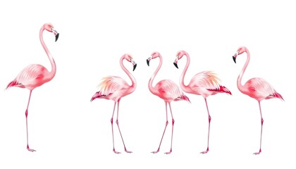 Obraz premium Set of flamingos on white background, watercolor pink flamingo AI Generate