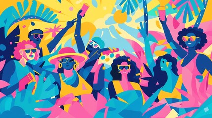 Fototapeta premium A colorful illustration of people dancing in a tropical setting.