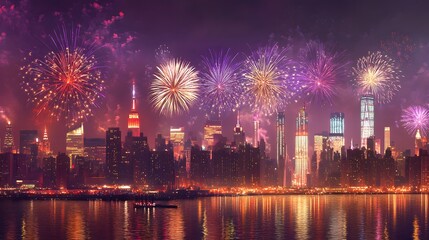Fototapeta premium Fireworks Display Over Illuminated New York City Skyline