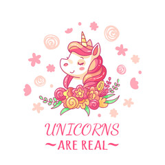 A charming unicorn with a flowing mane and a floral arrangement gazes happily surrounded by light swirls and pastel shapes embodying a sense of enchantment and fantasy.