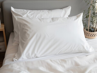 Blank white pillowcase bedding cotton fabric clean fresh soft neutral bed sleep mockup template minimal interior home bedroom sleep comfort decorScandu plain empty copy space product design