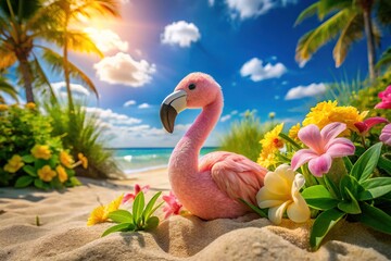 Obraz premium Cute Flamingo Plush Toy in Bright Sunshine on a Tropical Beach