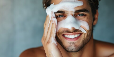 Fototapeta premium A man is smiling and has his hand on his face while washing his face with soap. Concept of relaxation and self-care