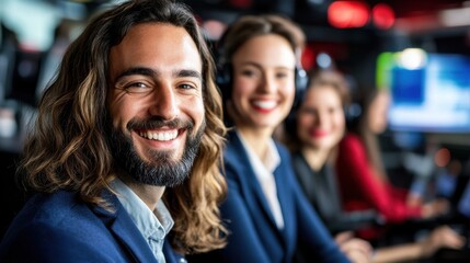 Obraz premium Bright Smiles in a Morning News Broadcast Studio
