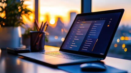 Open Laptop with Calendar on Desk by Sunset