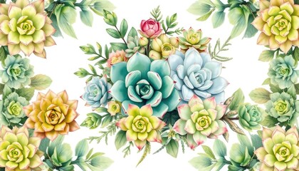 Set of succulents in green bouquet, echeveria watercolor illustration, botanical painting AI Generate