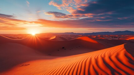 A desert landscape with a sun setting in the background