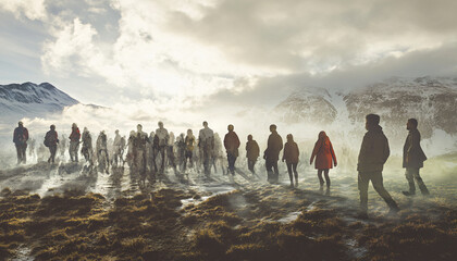 Capture people standing or walking between vastly different environments, such as half of them in a natural landscape and the other half in an urban setting