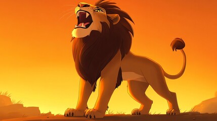 A powerful lion roars with its mouth wide open, displaying sharp teeth and a powerful expression. Its mane flows in the wind and its golden fur is illuminated by the setting sun.