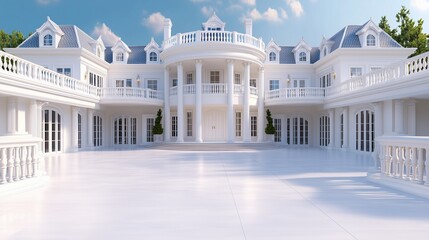 Fototapeta premium A grand, modern mansion with a spacious, white patio and elegant architectural details under a bright blue sky.