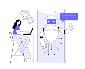 Robot help woman in work. Bot on smartphone searches information.