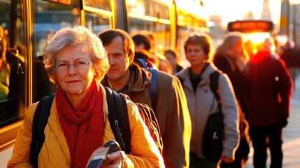 Obraz premium Morning Commute: People Boarding a Bus at Sunrise