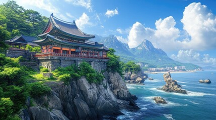 Obraz premium Scenic Temple on Rocky Coastline with Mountains and Sea