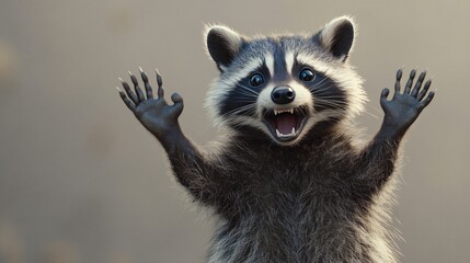 Fototapeta premium A raccoon with its mouth open wide and its paws raised in the air, looking startled or surprised.