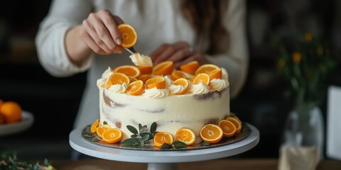 Naklejka premium A woman is decorating a cake with orange slices. The cake is on a white plate and the woman is using a spoon to add the slices
