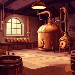 Naklejka premium Copper kettle brewery with wooden barrels, vintage ambiance, flat design illustration