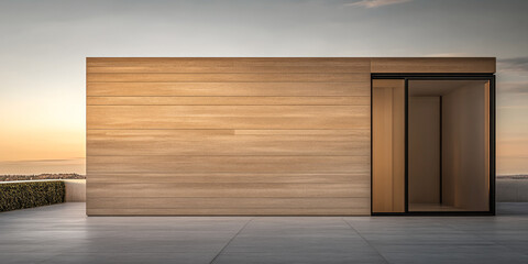 Fototapeta premium Modern minimalist building with wooden facade and glass doors at sunset