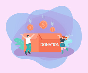 People collecting money for donation flat vector illustration. Happy man and woman near huge donation box. Charity, support, assistance, help concept for banner, website design or landing web page