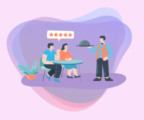 People rating restaurants food flat vector illustration. Couple sitting at table, giving five stars for service and cuisine.  Review, feedback concept for banner, website design or landing web page