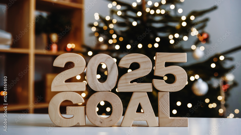 Wall mural wooden numbers 2025, signifying new year goals with festive background.