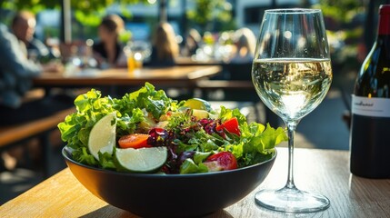 Fresh Salad and White Wine in Vibrant Setting
