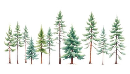 Obraz premium Set of spruce trees on isolated white background. Watercolor illustrations AI Generate