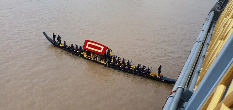 Ancient boat procession in Bangkok, Thailand, during the Kathin ceremony at Wat Arun, photographed on October 10, 2024.