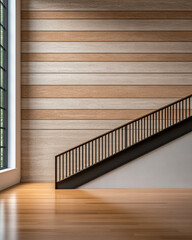 Obraz premium Modern design with a wooden staircase on a spacious floor bathed in natural light