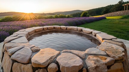 Fototapeta premium Serene hot tub surrounded by lavender fields and sunset glow.