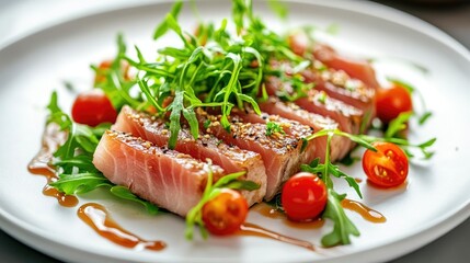 Freshly Grilled Tuna with Greens and Cherry Tomatoes