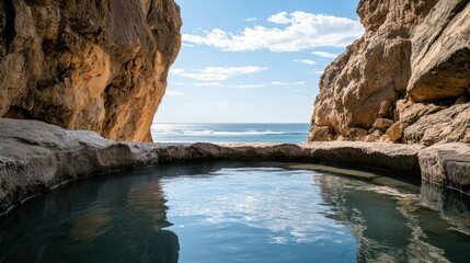 Fototapeta premium Serene hot spring surrounded by rocky cliffs and ocean views under a bright sky.