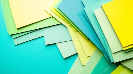 A vibrant collection of colorful paper squares in shades of green, blue, and yellow arranged on a blue background.