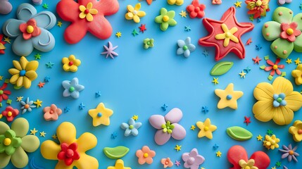 Colorful play dough flowers arranged around the edge of a blue background.