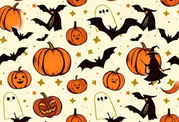 Halloween Seamless Pattern with Pumpkins, Bats, Ghosts, Stars