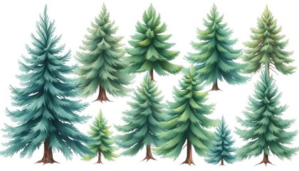 Obraz premium Set of spruce trees on isolated white background. Watercolor illustrations AI Generate