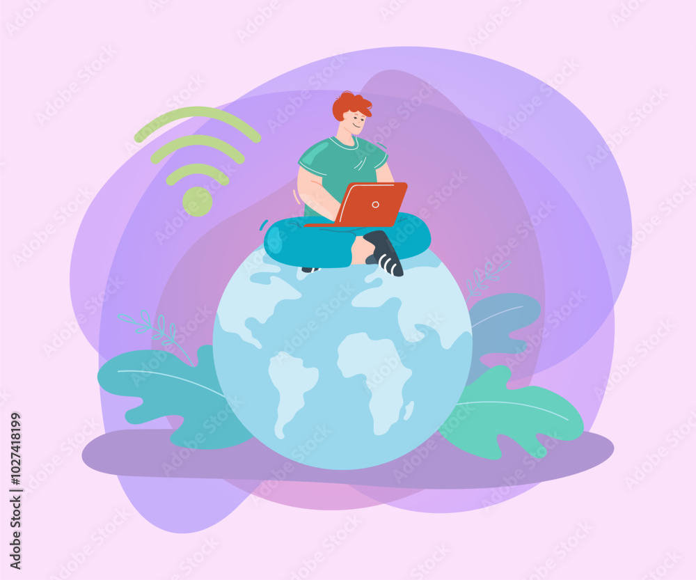 Wall mural tiny man using wi-fi connection flat vector illustration. male character working on laptop in free i