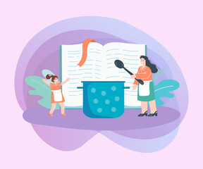 Tiny mother and daughter cooking together using huge recipe book. Woman and little girl next to big pot flat vector illustration. Family, cooking concept for banner, website design or landing web page