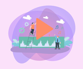 Tiny music producers with song track. Musicians using for creating, mixing or editing song flat vector illustration. Music production, multimedia concept for banner, website design or landing web page