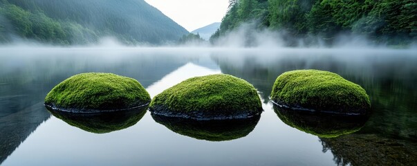 Tranquil landscape with three moss-covered rocks in a misty lake surrounded by lush green hills.