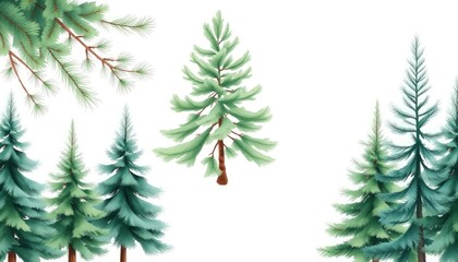 Obraz premium Set of spruce trees on isolated white background. Watercolor illustrations AI Generate